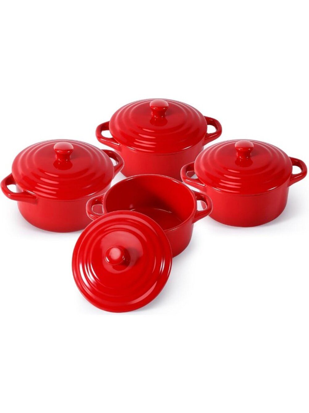 4 Pcs Mini Cocotte Set - Small Ceramic Casserole Dishes with Lids, 16 Oz, Red
